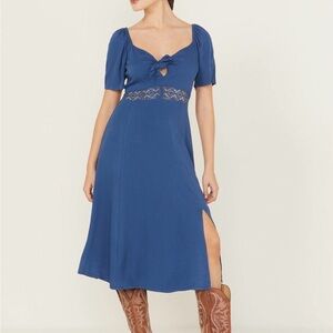 Idyllwind Navy Blue Midi Dress Lace Detail Tie Bodice Smocked Back Sz M